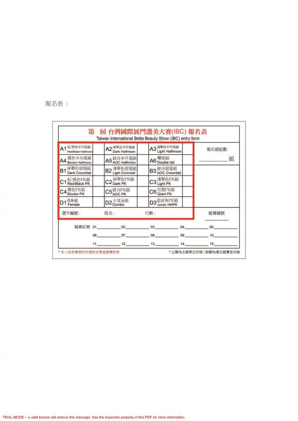 台灣國際展鬥選美賽(IBC)報名表